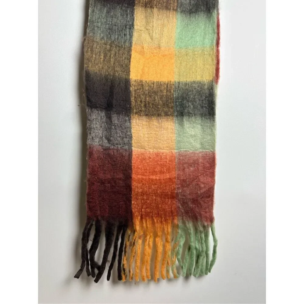Yellow and Brown CHUNKY CHECKERED SCARF WITH FRINGE